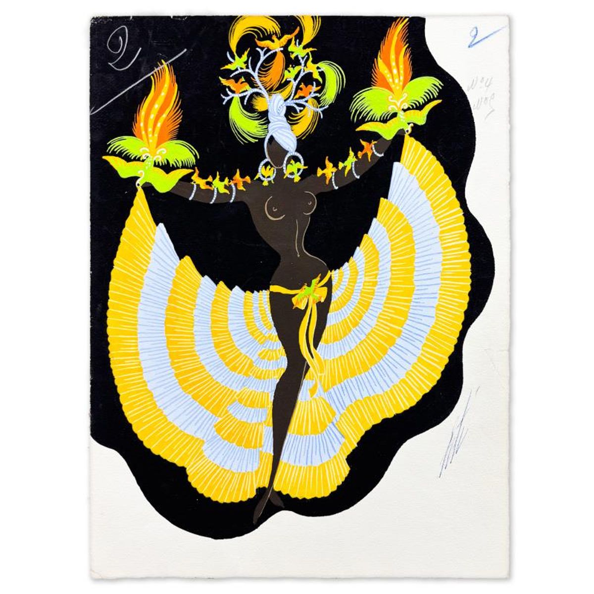 Erte (1892-1990), "Exotique, Mannequin Oaiseaux, February 19, 1958 for Helene Martini" Original Gouache Painting, Hand Signed with Letter of Authenticity.