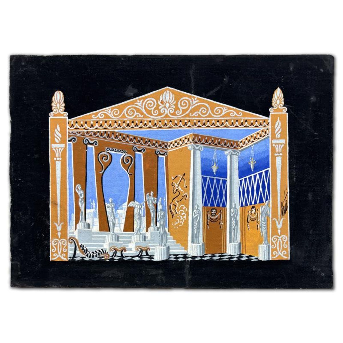 Erte (1892-1990), "Phi-Phi, Decor Fait pour les Bouffes-Parisiens, 17 Mars 1957" Original Gouache Painting, Hand Signed with Letter of Authenticity.
