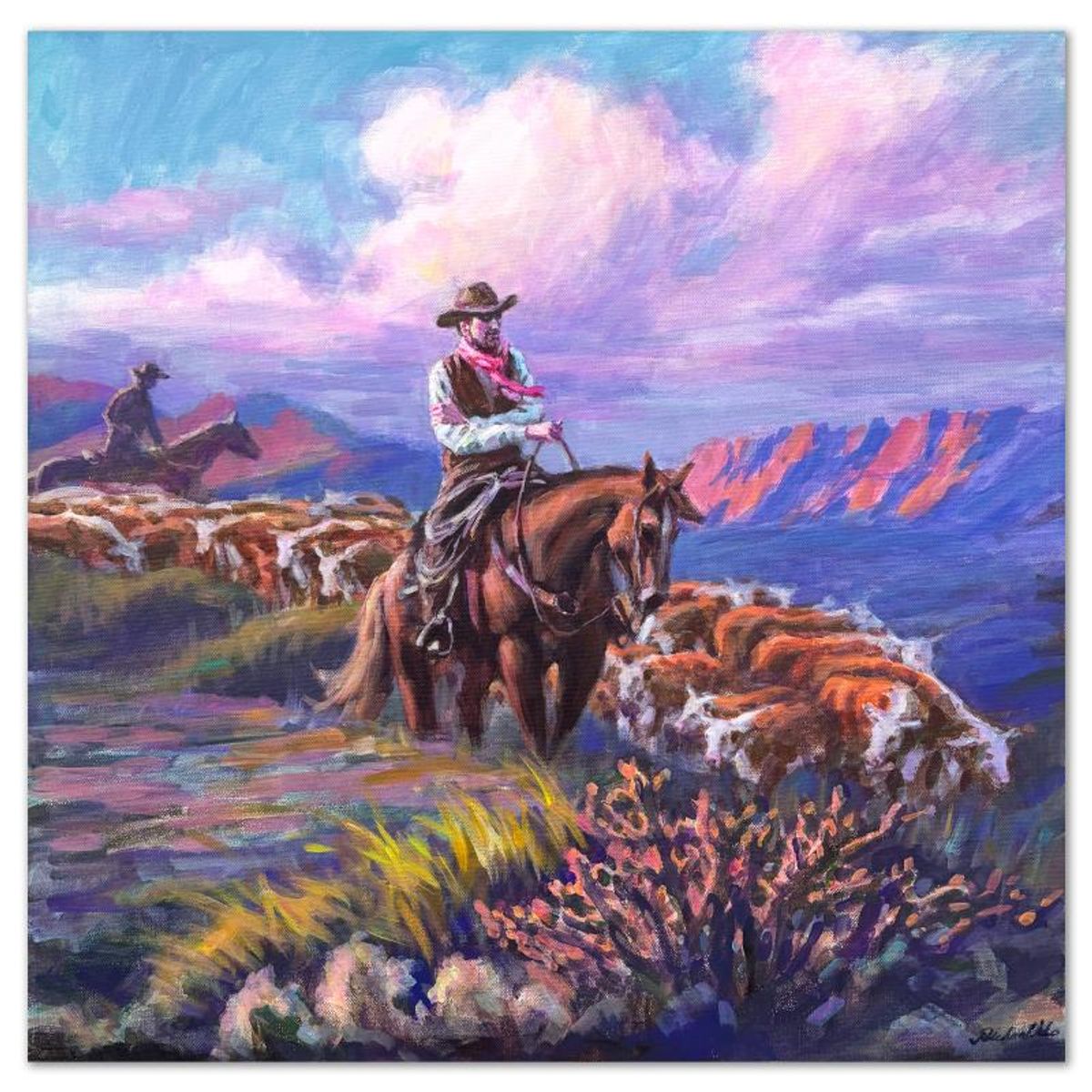 Richard Ho, "Afternoon on the Cattle Drive" Original Acrylic Painting on Canvas, Hand Signed with Letter of Authenticity.