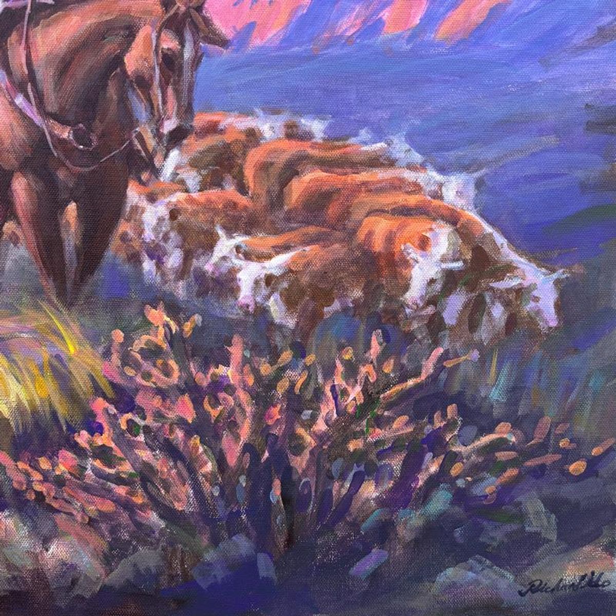 Richard Ho, "Afternoon on the Cattle Drive" Original Acrylic Painting on Canvas, Hand Signed with Letter of Authenticity.