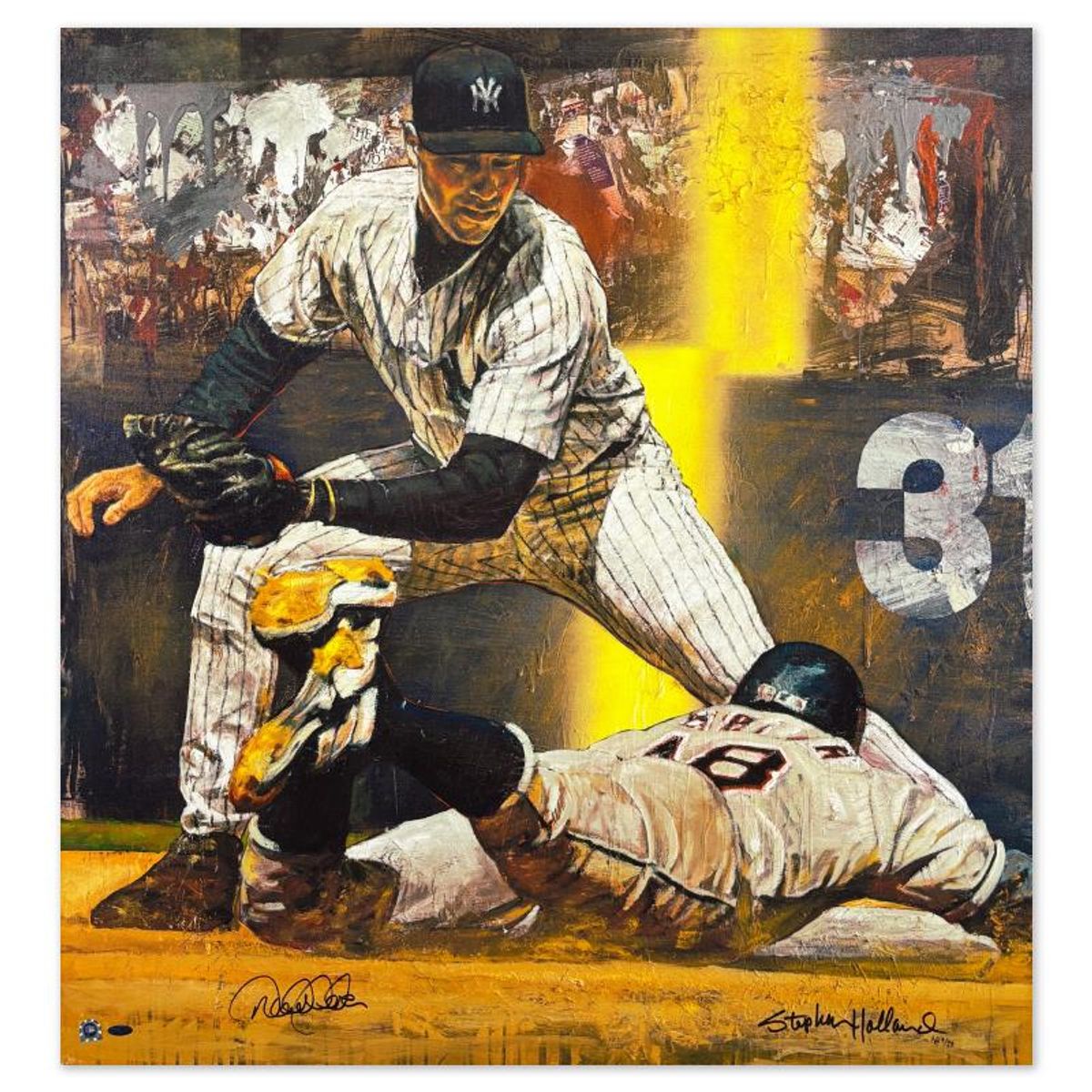 Stephen Holland, "Derek Jeter Making the Tag" Hand Enhanced Limited Edition on Canvas, AP Numbered 9/22 and Hand Signed by the Artist and Derek Jeter with Certificate of Authenticity.