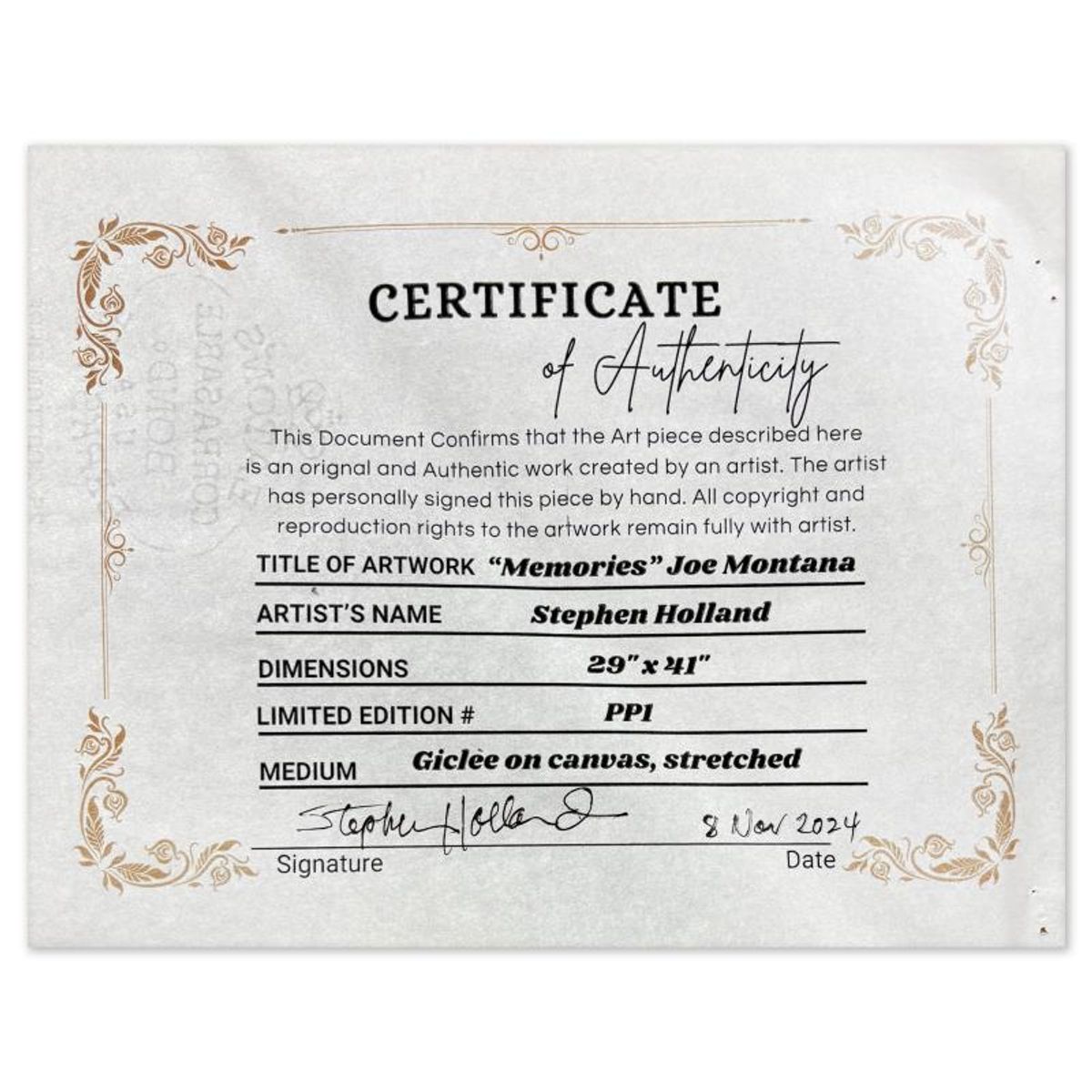 Stephen Holland, "Joe Montana: Memories" Limited Edition on Canvas, PP Numbered 1/2 and Hand Signed with Certificate of Authenticity. (Disclaimer)