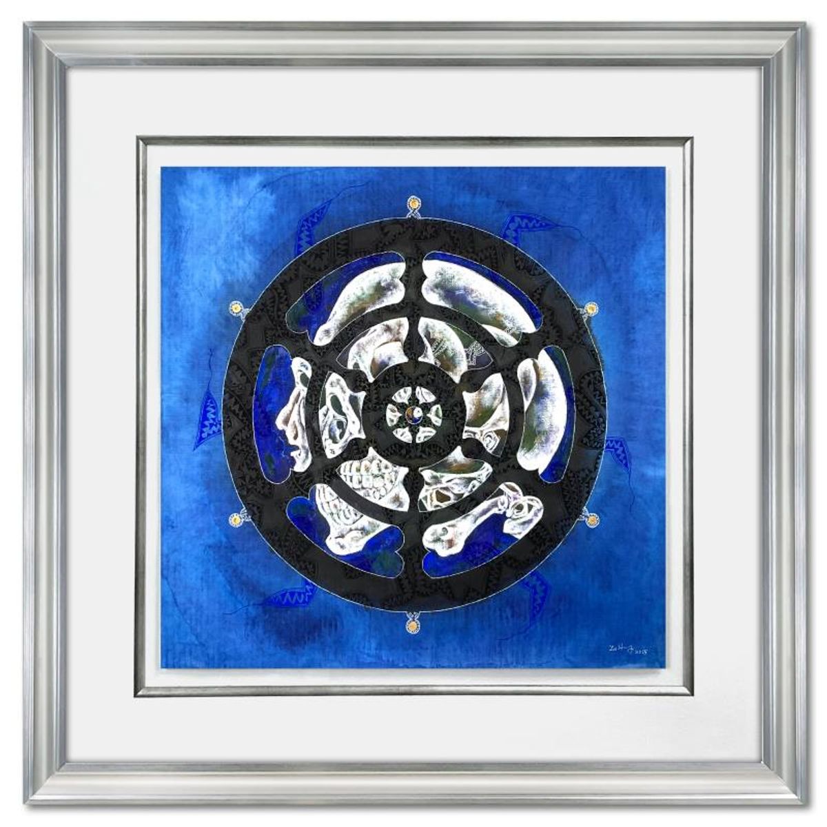 Lu Hong, "Ashtamangala Dravya - Wheel" Framed Original Mixed Media Painting, Hand Signed with Letter of Authenticity.