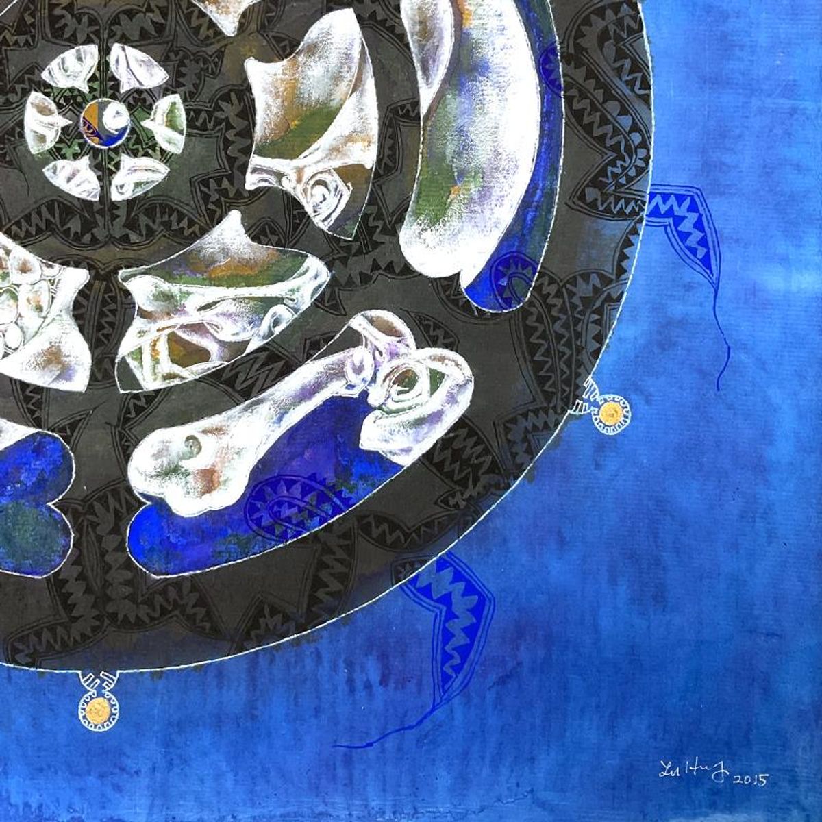 Lu Hong, "Ashtamangala Dravya - Wheel" Framed Original Mixed Media Painting, Hand Signed with Letter of Authenticity.
