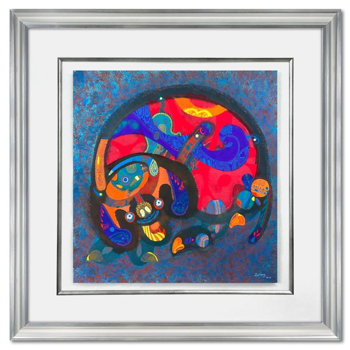 Lu Hong, "Chinese Zodiac - Earth Pig" Framed Original Mixed Media Painting, Hand Signed with Letter of Authenticity.