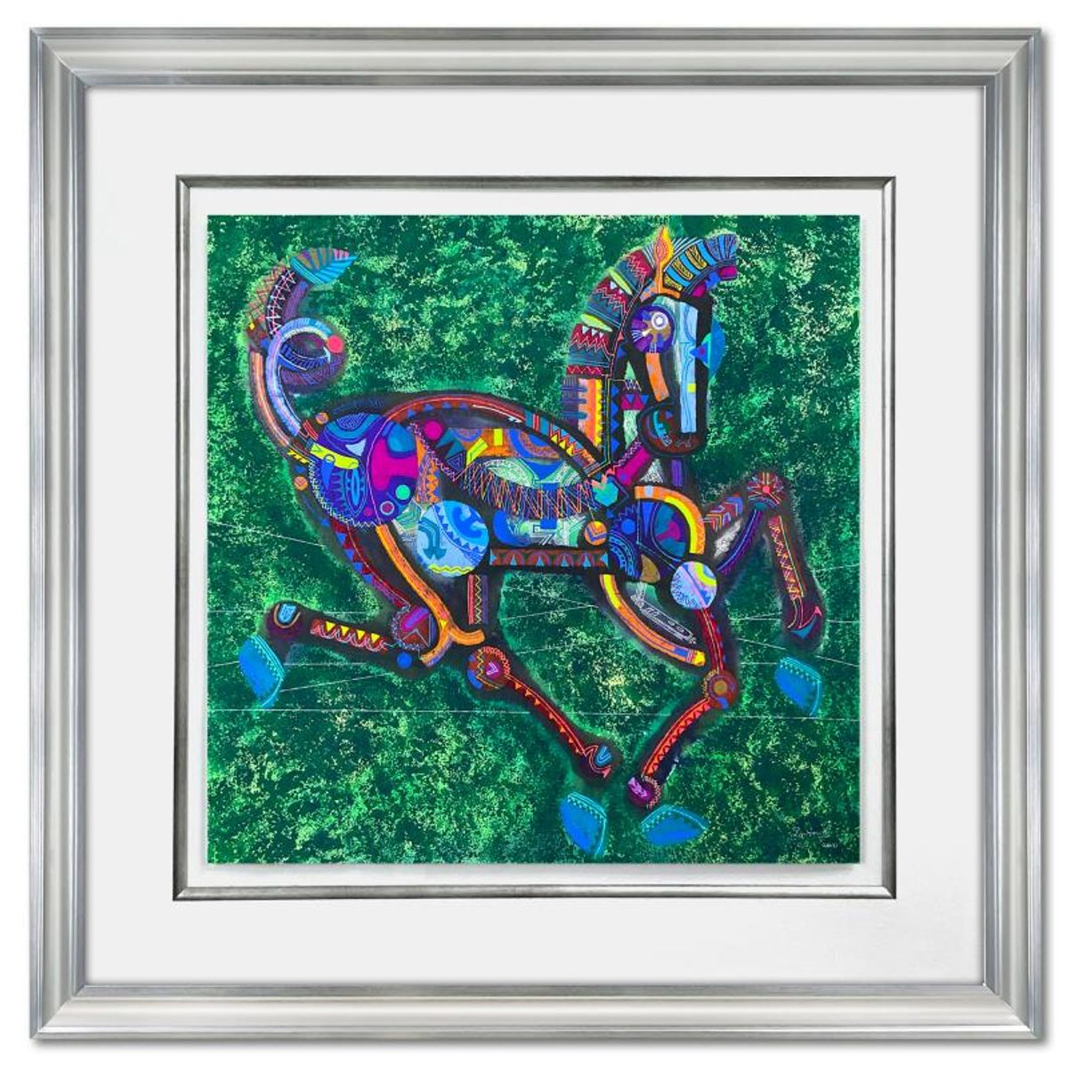 Lu Hong, "Chinese Zodiac - Wood Horse" Framed Original Mixed Media Painting, Hand Signed with Letter of Authenticity.