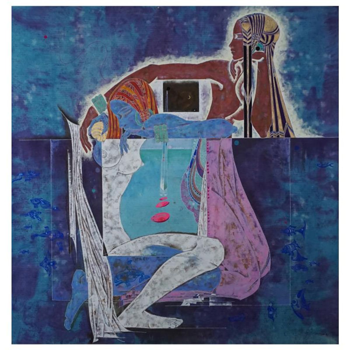Lu Hong, "Ocean Tale" Original Mixed Media Painting, Hand Signed and with Letter of Authenticity.