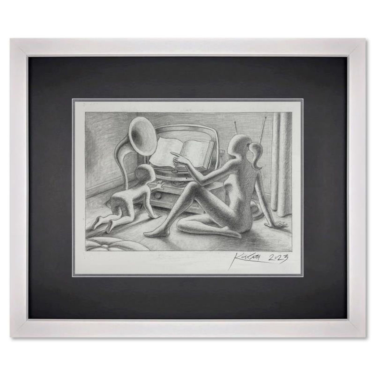 Mark Kostabi, "The Sound of Now" Framed Original Drawing on Paper, Hand Signed with Certificate of Authenticity