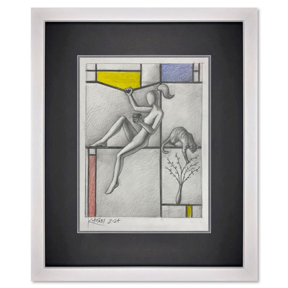 Mark Kostabi, "For Piet's Sake" Framed Original Drawing on Paper, Hand Signed with Certificate of Authenticity