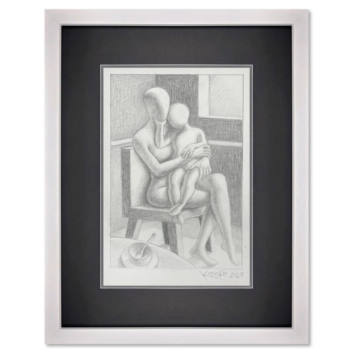 Mark Kostabi, "Glowing Bond" Framed Original Drawing on Paper, Hand Signed with Certificate of Authenticity.