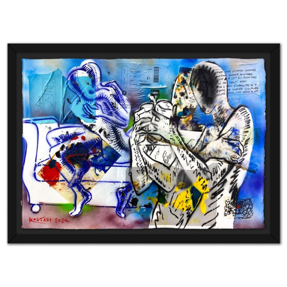 Mark Kostabi, "Beyond the Celebration" Framed Original Mixed Media Painting, Hand Signed with Certificate of Authenticity.