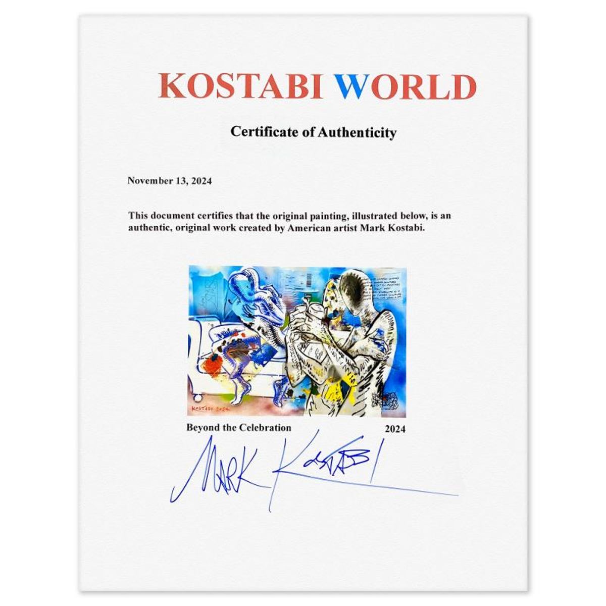 Mark Kostabi, "Beyond the Celebration" Framed Original Mixed Media Painting, Hand Signed with Certificate of Authenticity.