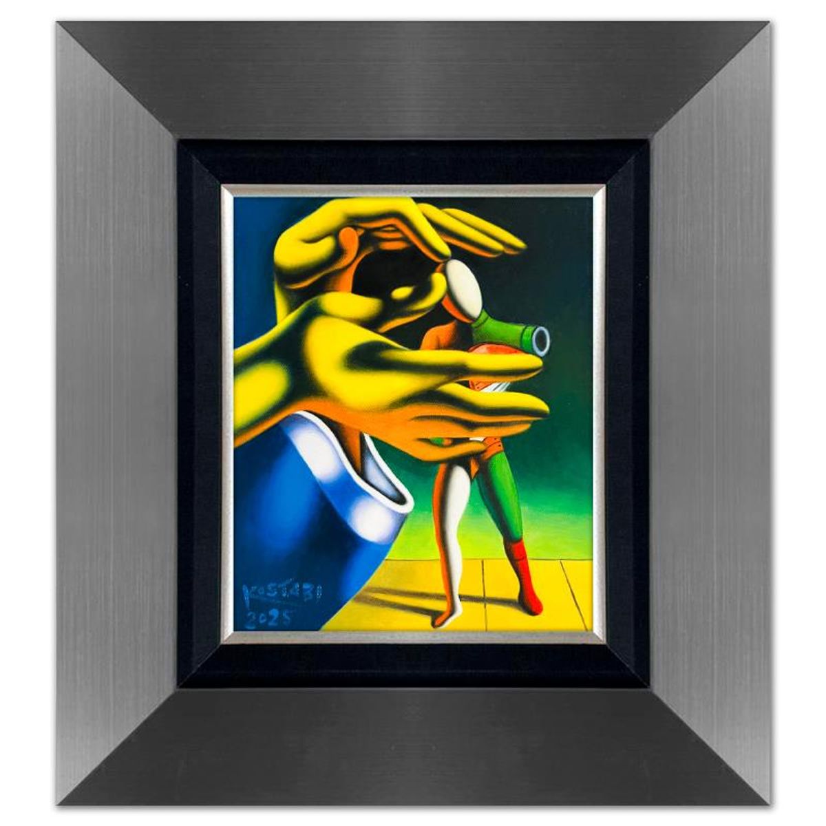 Mark Kostabi, "The Tender Touch of Creation" Framed Original Oil Painting on Canvas, Hand Signed with a Certificate of Authenticity.