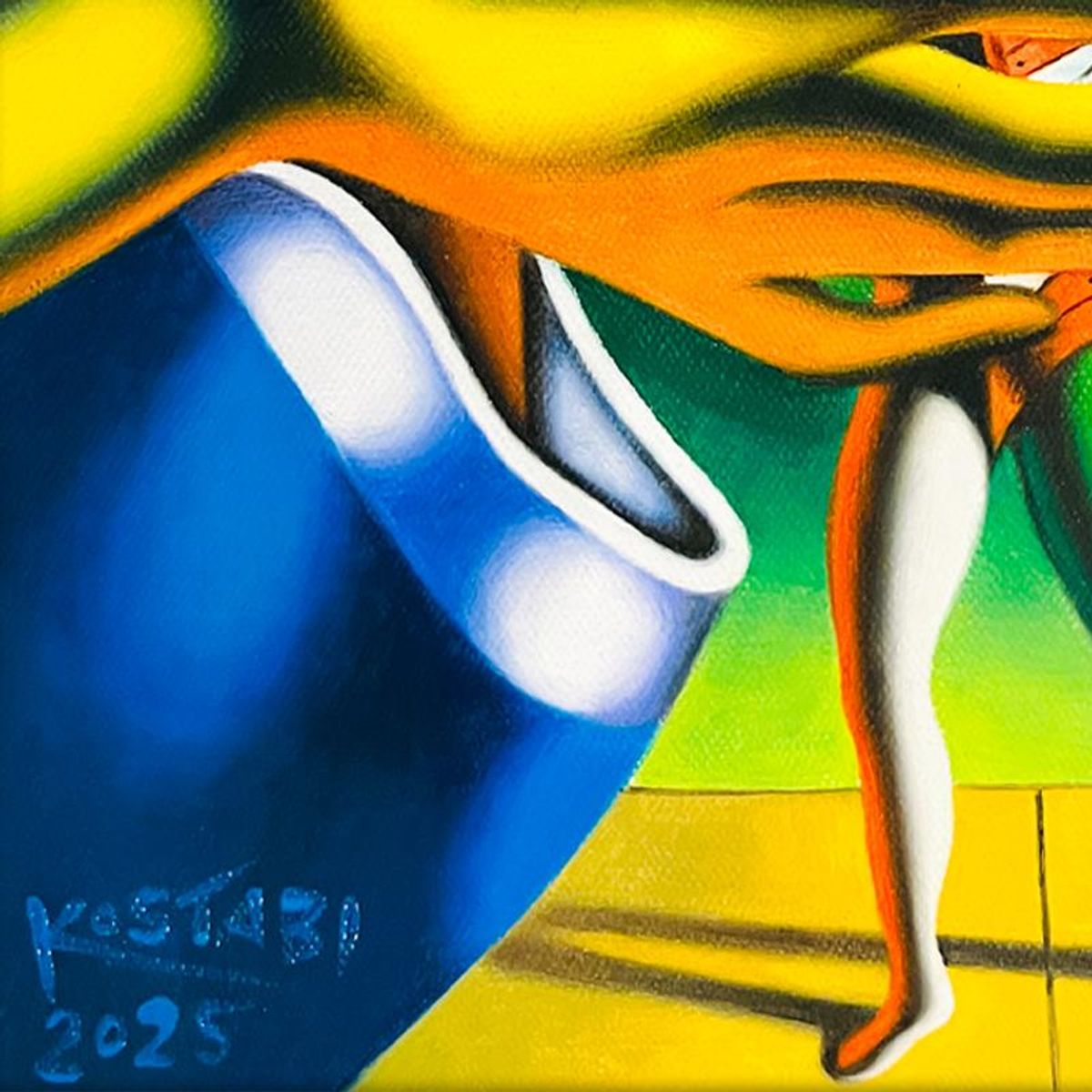 Mark Kostabi, "The Tender Touch of Creation" Framed Original Oil Painting on Canvas, Hand Signed with a Certificate of Authenticity.