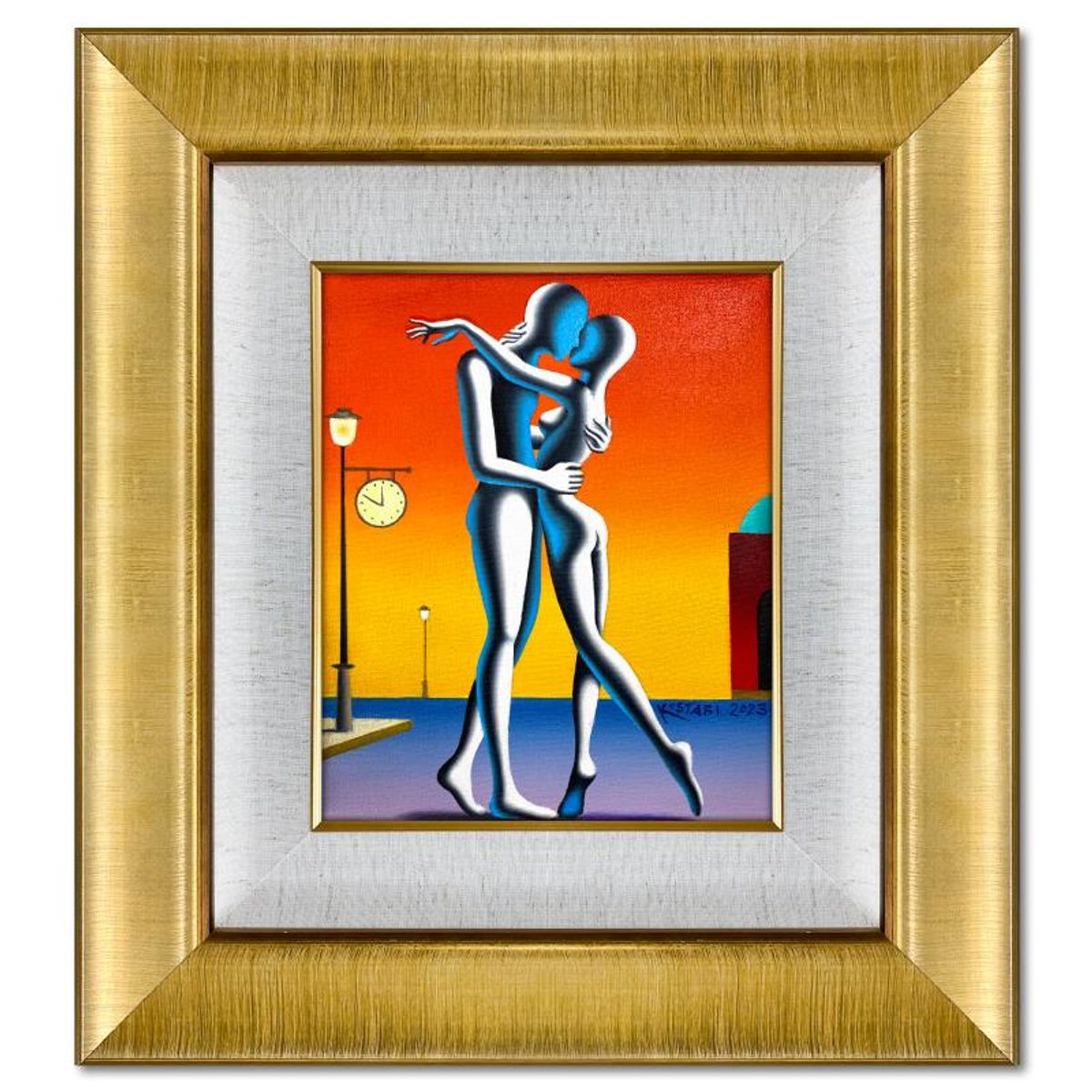 Mark Kostabi, "The Kiss of Time" Framed Original Oil Painting on Canvas, Hand Signed with Letter of Authenticity.