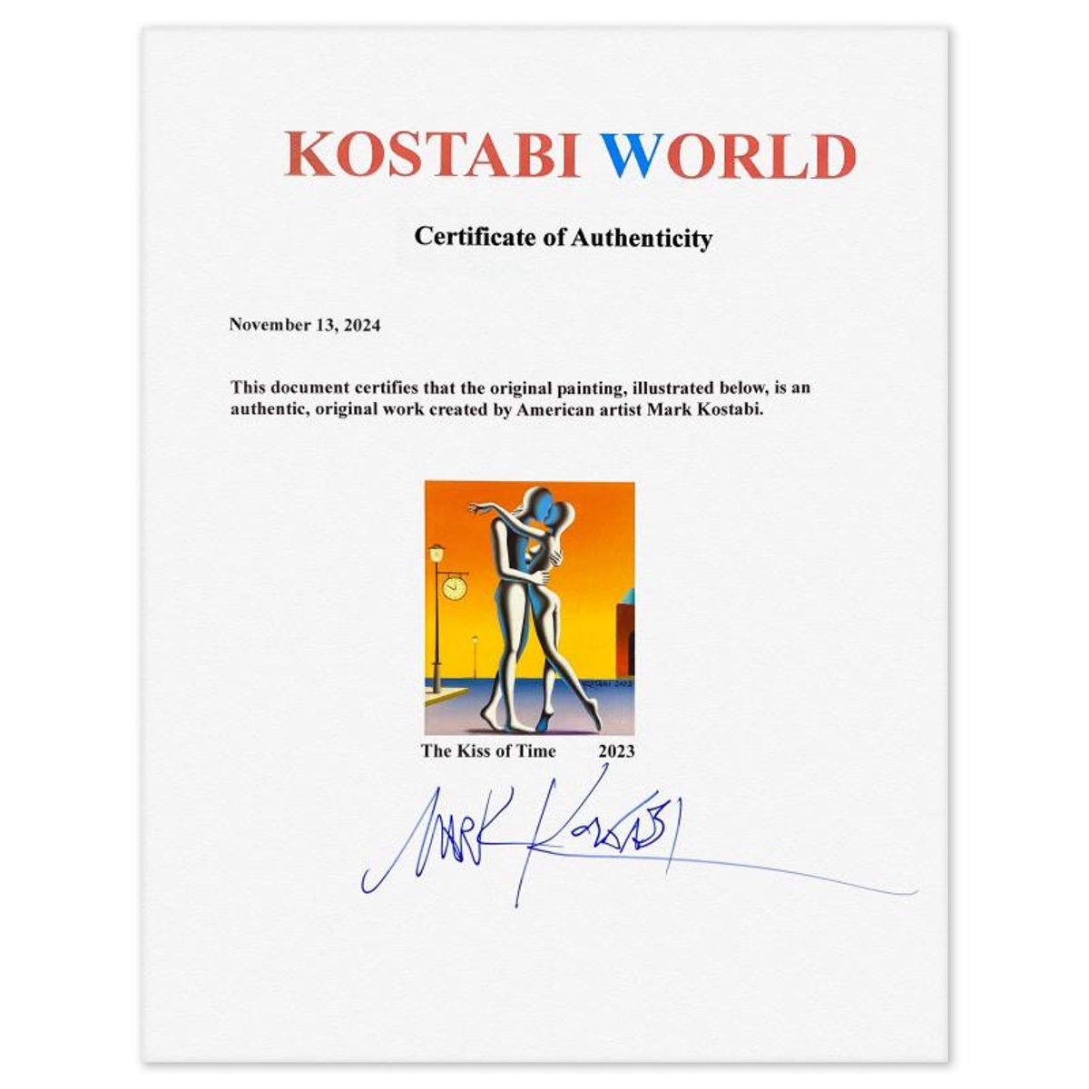 Mark Kostabi, "The Kiss of Time" Framed Original Oil Painting on Canvas, Hand Signed with Letter of Authenticity.