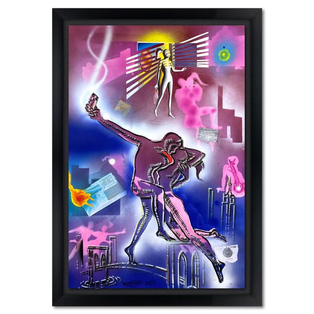 Mark Kostabi, "Embracing Transformation" Framed Original Mixed Media Painting, Hand Signed with Certificate of Authenticity.