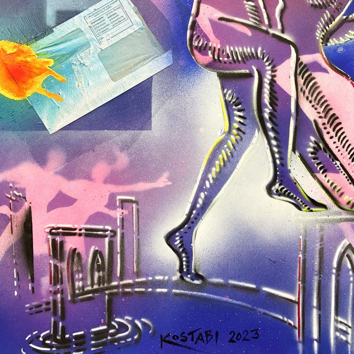 Mark Kostabi, "Embracing Transformation" Framed Original Mixed Media Painting, Hand Signed with Certificate of Authenticity.