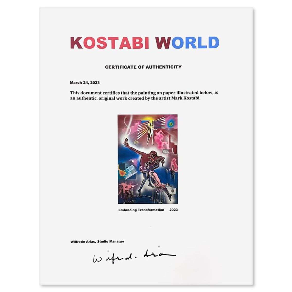 Mark Kostabi, "Embracing Transformation" Framed Original Mixed Media Painting, Hand Signed with Certificate of Authenticity.