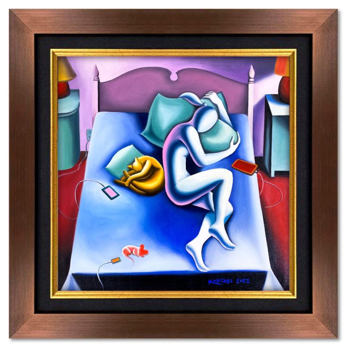 Mark Kostabi, "Power Nap" Framed Original Oil Painting on Canvas, Hand Signed with COA