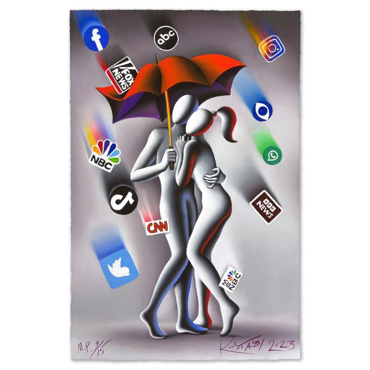 Mark Kostabi, "Media Shower" Limited Edition, MP Numbered 9/15 and Hand Signed with Letter of Authenticity.