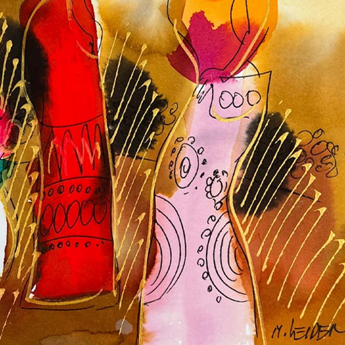 Moshe Leider, Framed Original Mixed Media Watercolor Painting, Hand Signed with Letter of Authenticity.