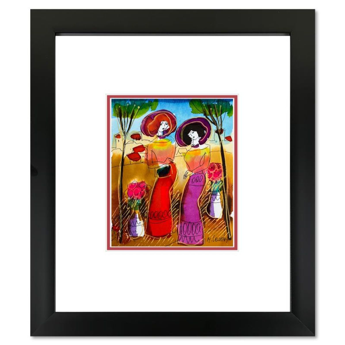 Moshe Leider, Framed Original Mixed Media Watercolor Painting, Hand Signed with Letter of Authenticity.