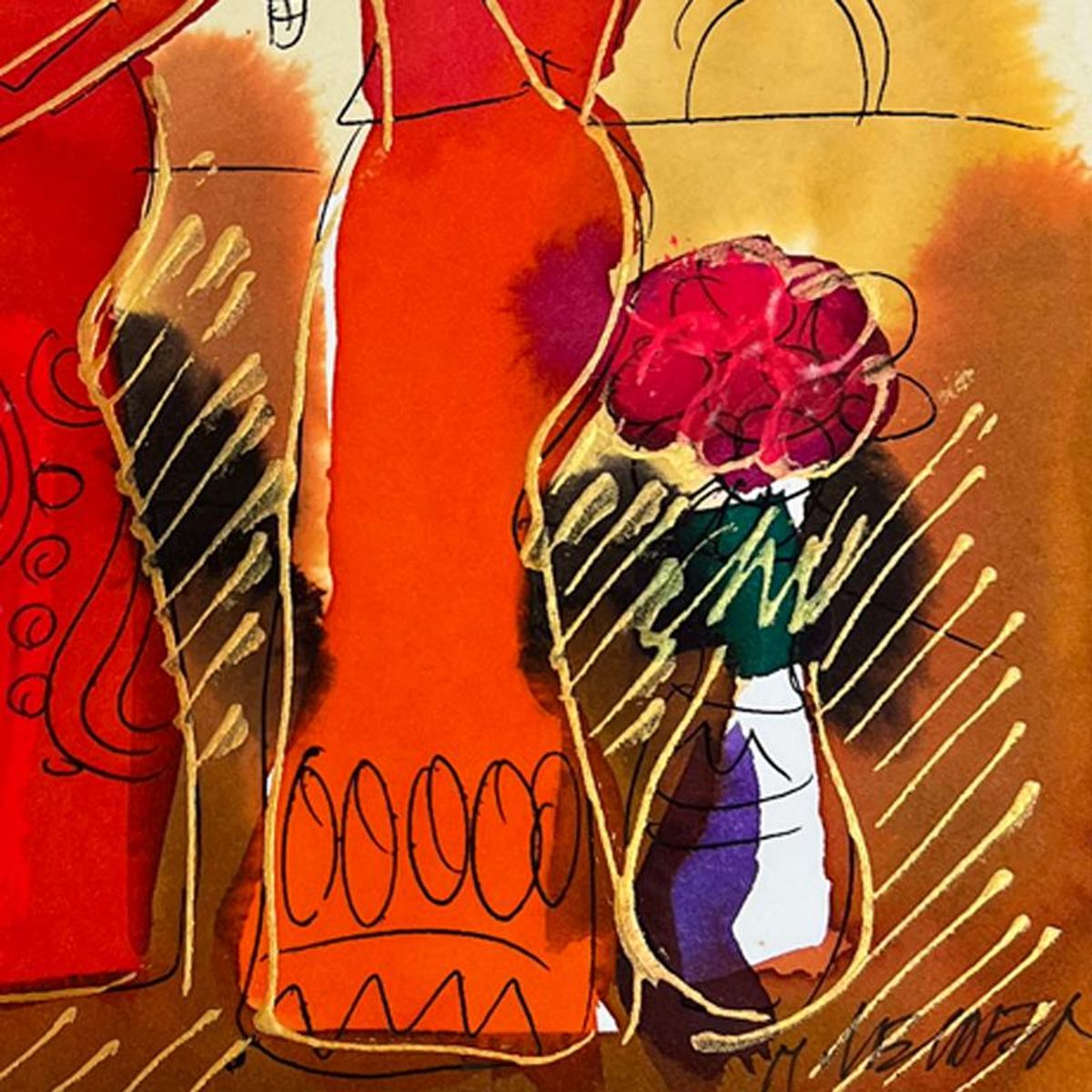 Moshe Leider, Framed Original Mixed Media Watercolor Painting, Hand Signed with Letter of Authenticity.