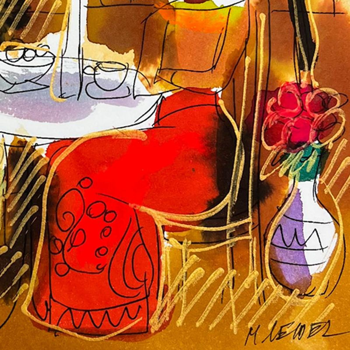 Moshe Leider, Framed Original Mixed Media Watercolor Painting, Hand Signed with Letter of Authenticity.