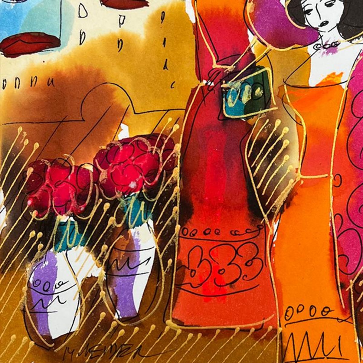 Moshe Leider, Framed Original Mixed Media Watercolor Painting, Hand Signed with Letter of Authenticity.
