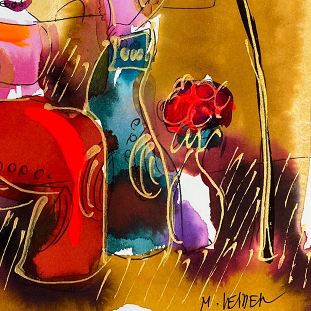 Moshe Leider, Framed Original Mixed Media Watercolor Painting, Hand Signed with Letter of Authenticity.