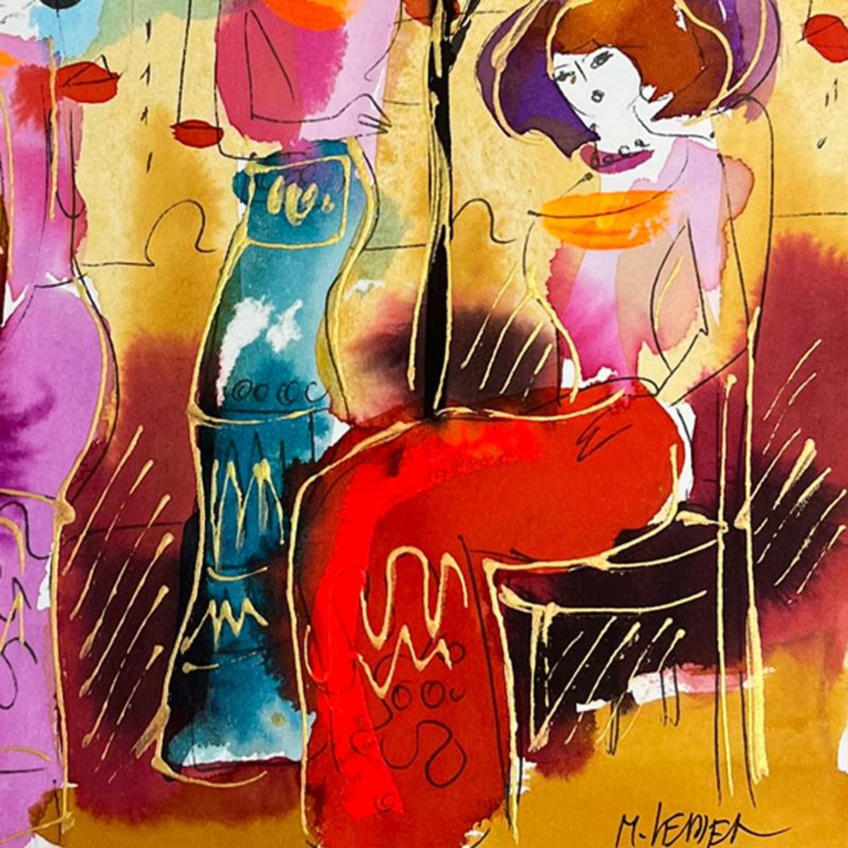 Moshe Leider, Framed Original Mixed Media Watercolor Painting, Hand Signed with Letter of Authenticity.