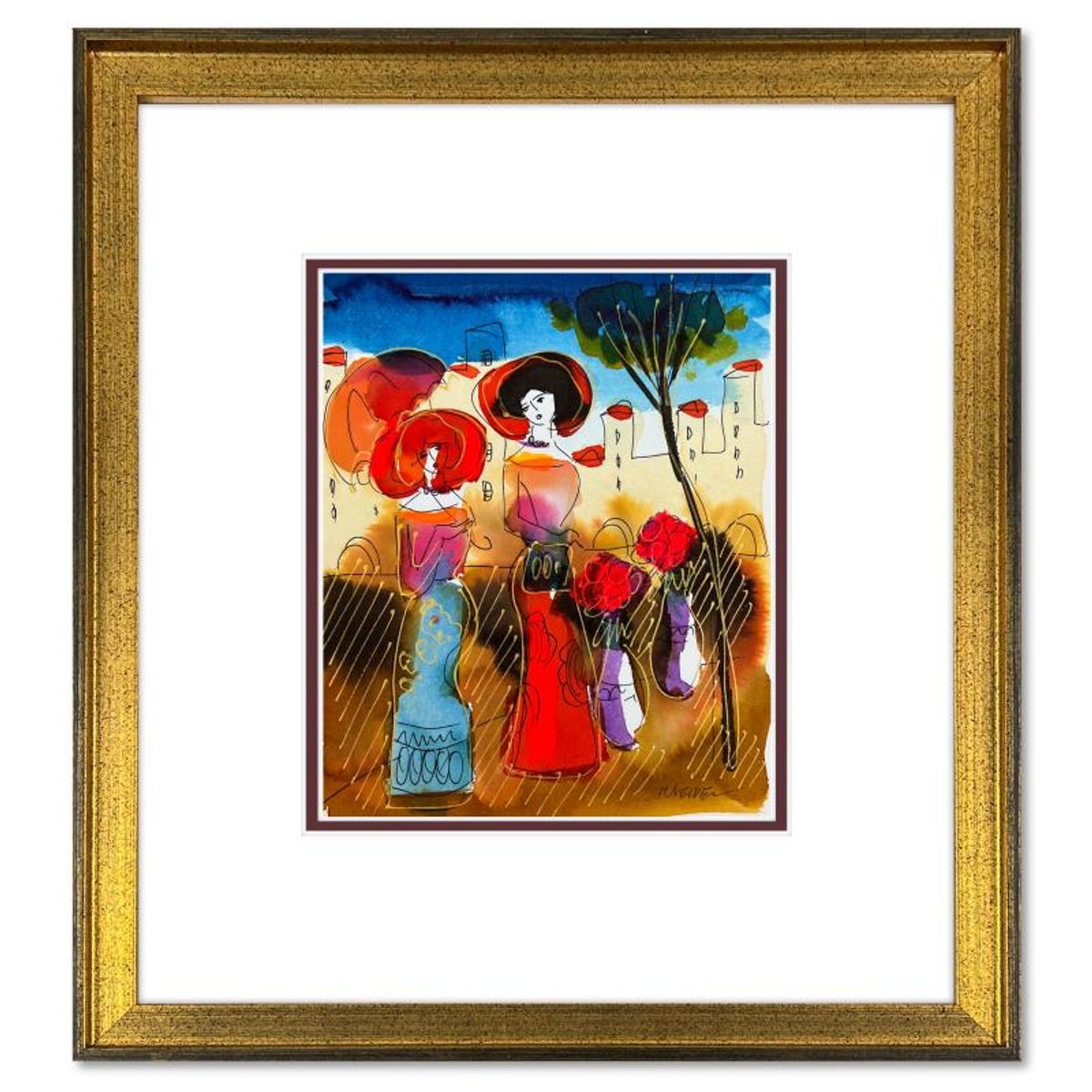 Moshe Leider, Framed Original Mixed Media Watercolor Painting, Hand Signed with Letter of Authenticity.