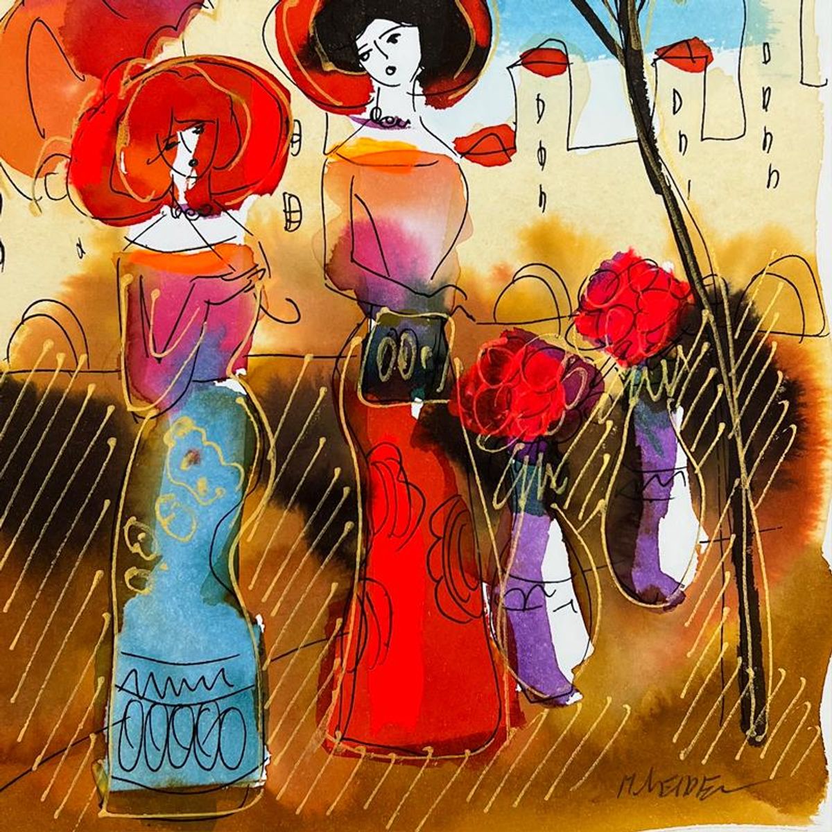 Moshe Leider, Framed Original Mixed Media Watercolor Painting, Hand Signed with Letter of Authenticity.