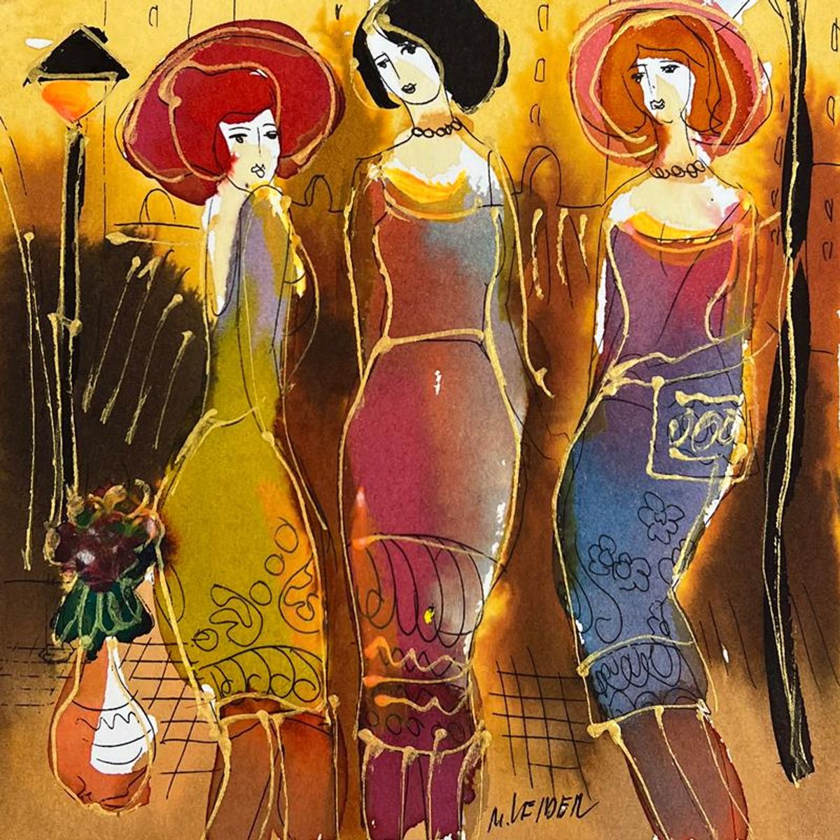 Moshe Leider, Framed Original Mixed Media Watercolor Painting, Hand Signed with Letter of Authenticity.