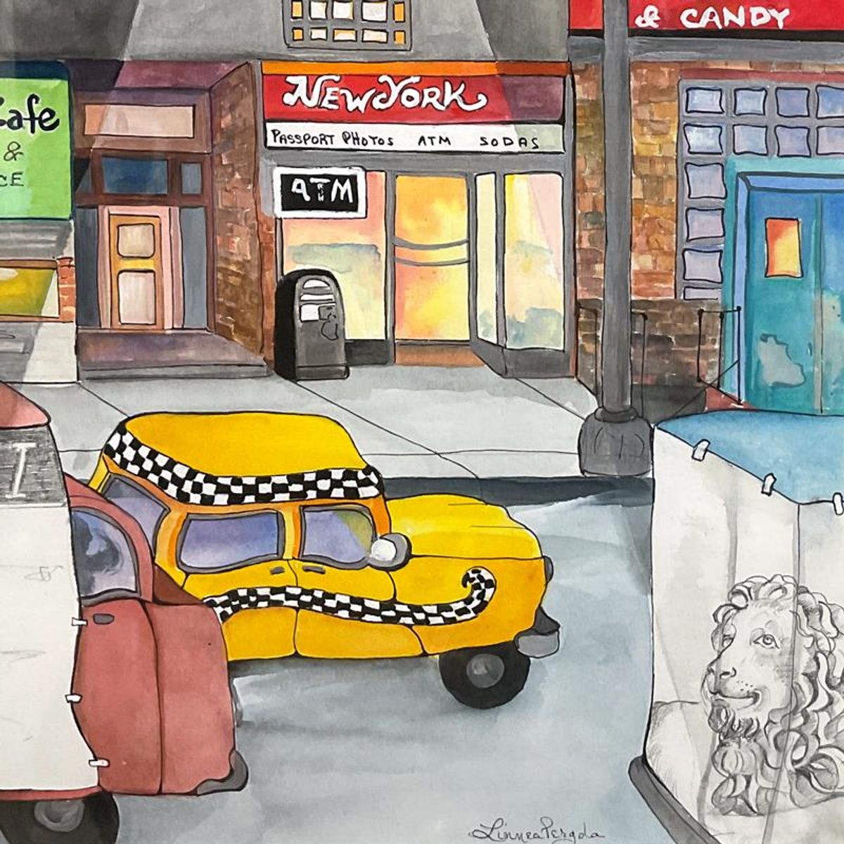 Linnea Pergola, "Urban Sketchers" Framed Original Watercolor Painting, Hand Signed with Letter of Authenticity.