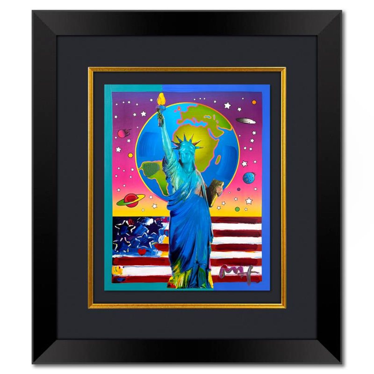 Peter Max, "Liberty, Earth and Flag" Framed One-of-a-Kind Mixed Media, Hand Signed with Registration Number Certifying Authenticity.