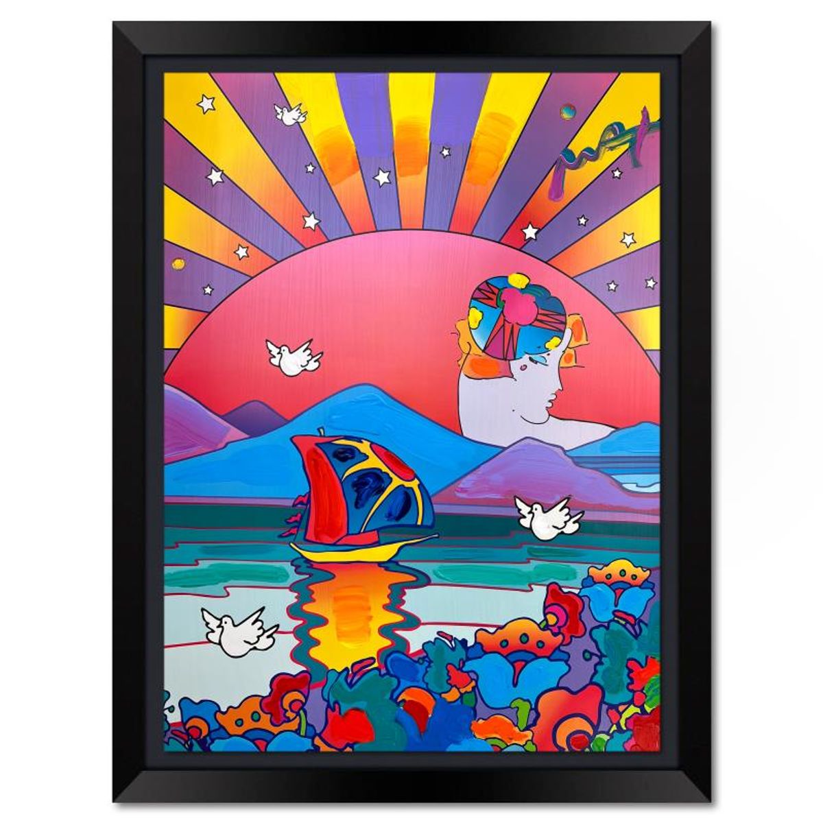 Peter Max, "A New Beginning" Framed One-of-a-Kind Mixed Media, Hand Signed with Registration Number Certifying Authenticity.