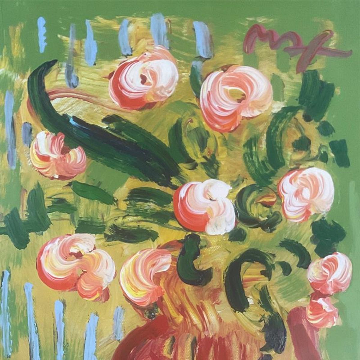 Peter Max, "Abstract Flowers (Green)" Framed One-of-a-Kind Acrylic Mixed Media (48.5" x 36.5"), Hand Signed with Registration Number Certifying Authenticity
