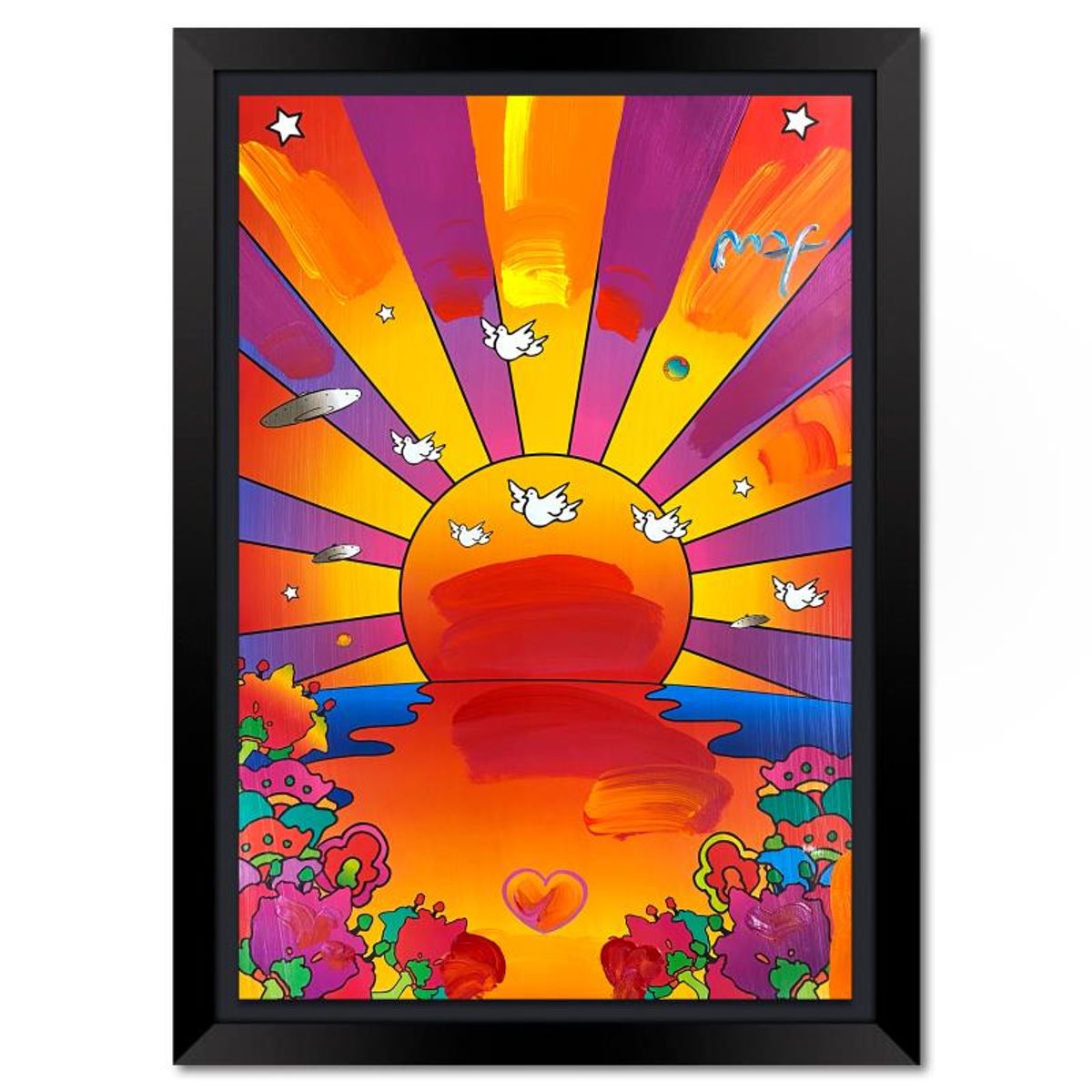 Peter Max, "Sunrise 2000" Framed One-of-a-Kind Mixed Media, Hand Signed with Registration Number Certifying Authenticity.