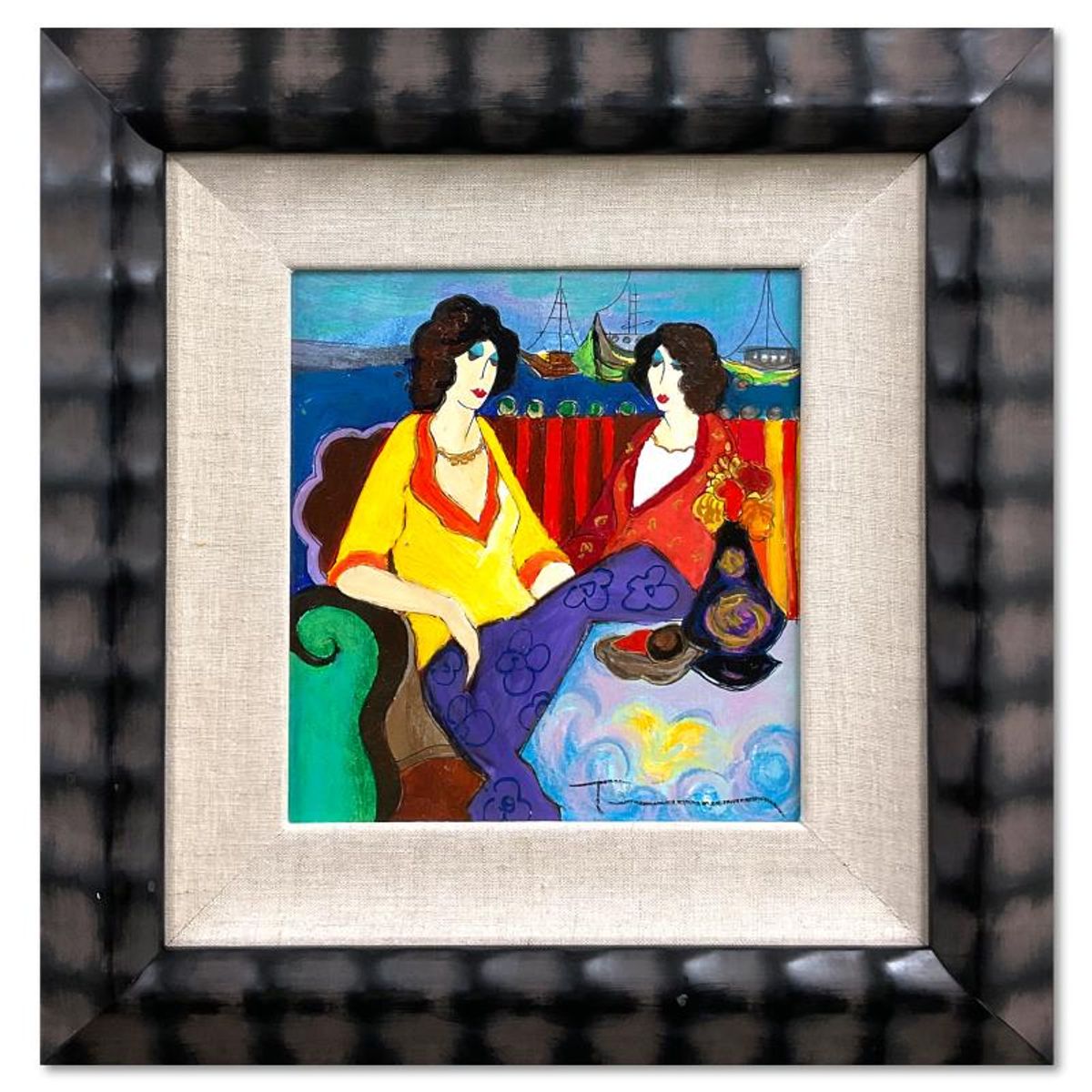Itzchak Tarkay (1935-2012), "At the Port" Framed One-of-a-Kind Mixed Media Over Paint on Wood, Hand Signed with Letter of Authenticity