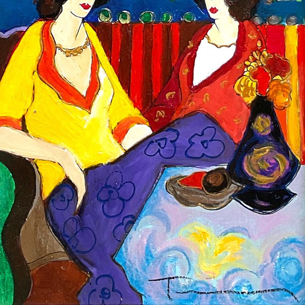 Itzchak Tarkay (1935-2012), "At the Port" Framed One-of-a-Kind Mixed Media Over Paint on Wood, Hand Signed with Letter of Authenticity