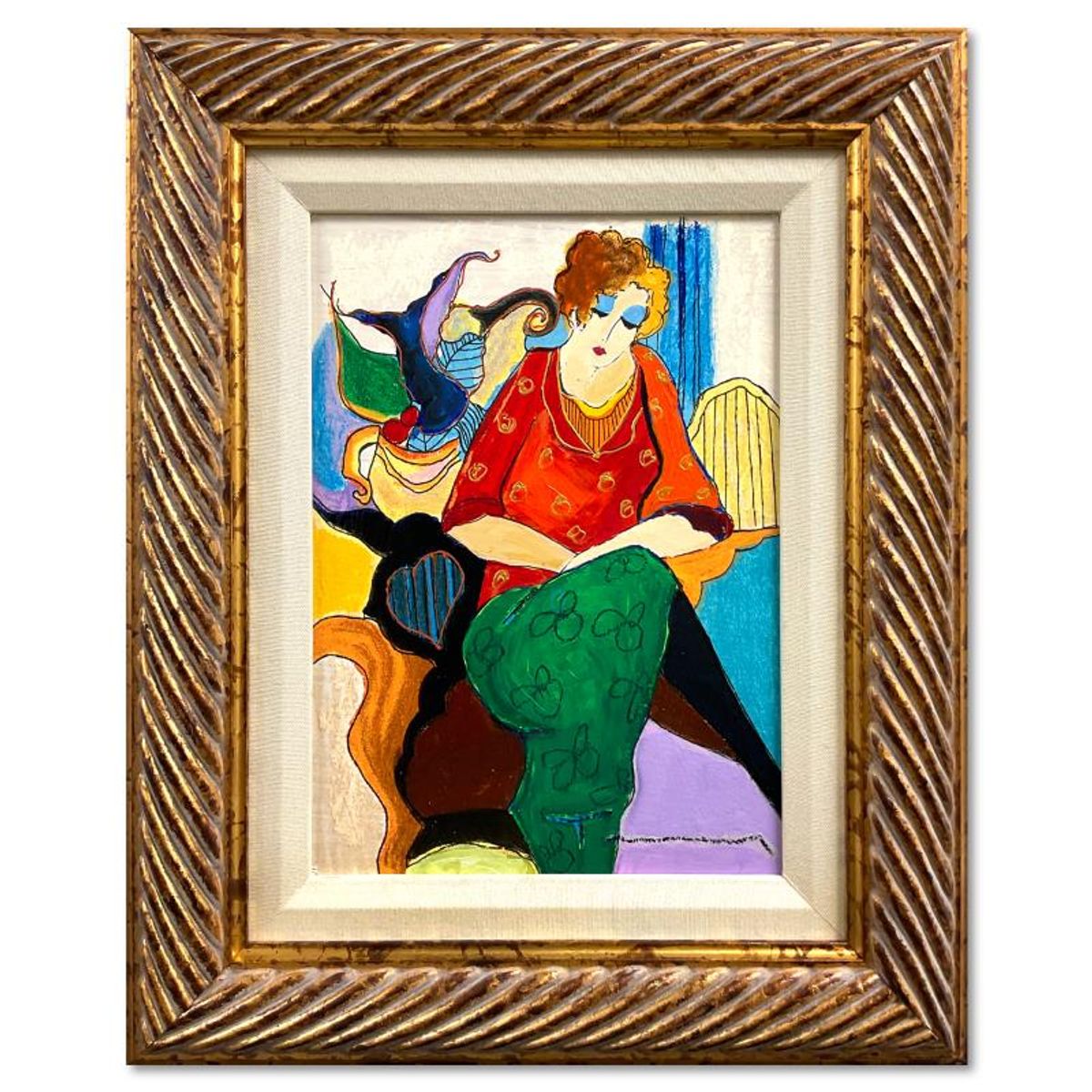Itzchak Tarkay (1935-2012), "Waiting" Framed One-of-a-Kind Mixed Media Over Paint on Wood, Hand Signed with Letter of Authenticity