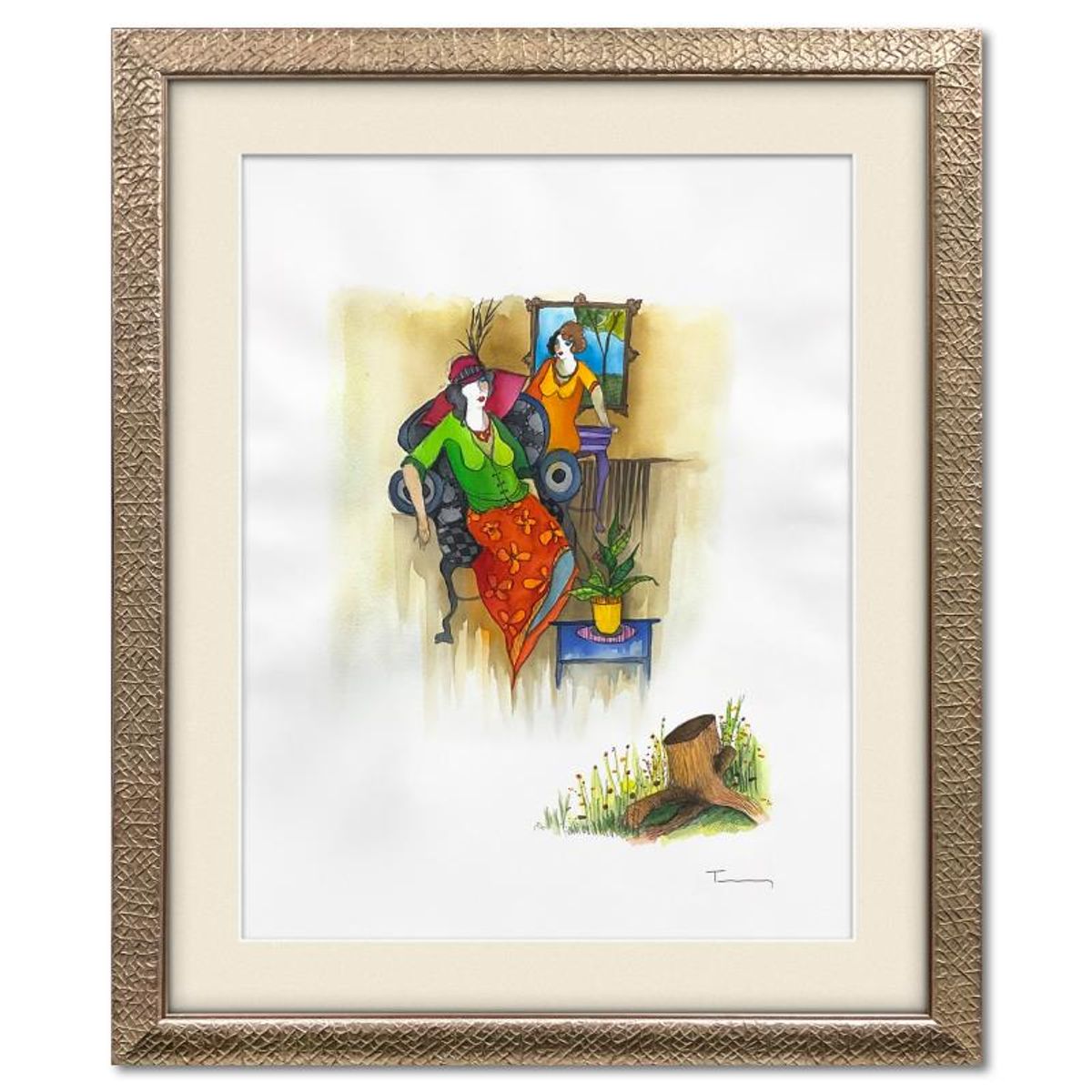 Itzchak Tarkay (1935-2012), Framed Original Mixed Media Watercolor, Hand Signed with Letter of Authenticity.