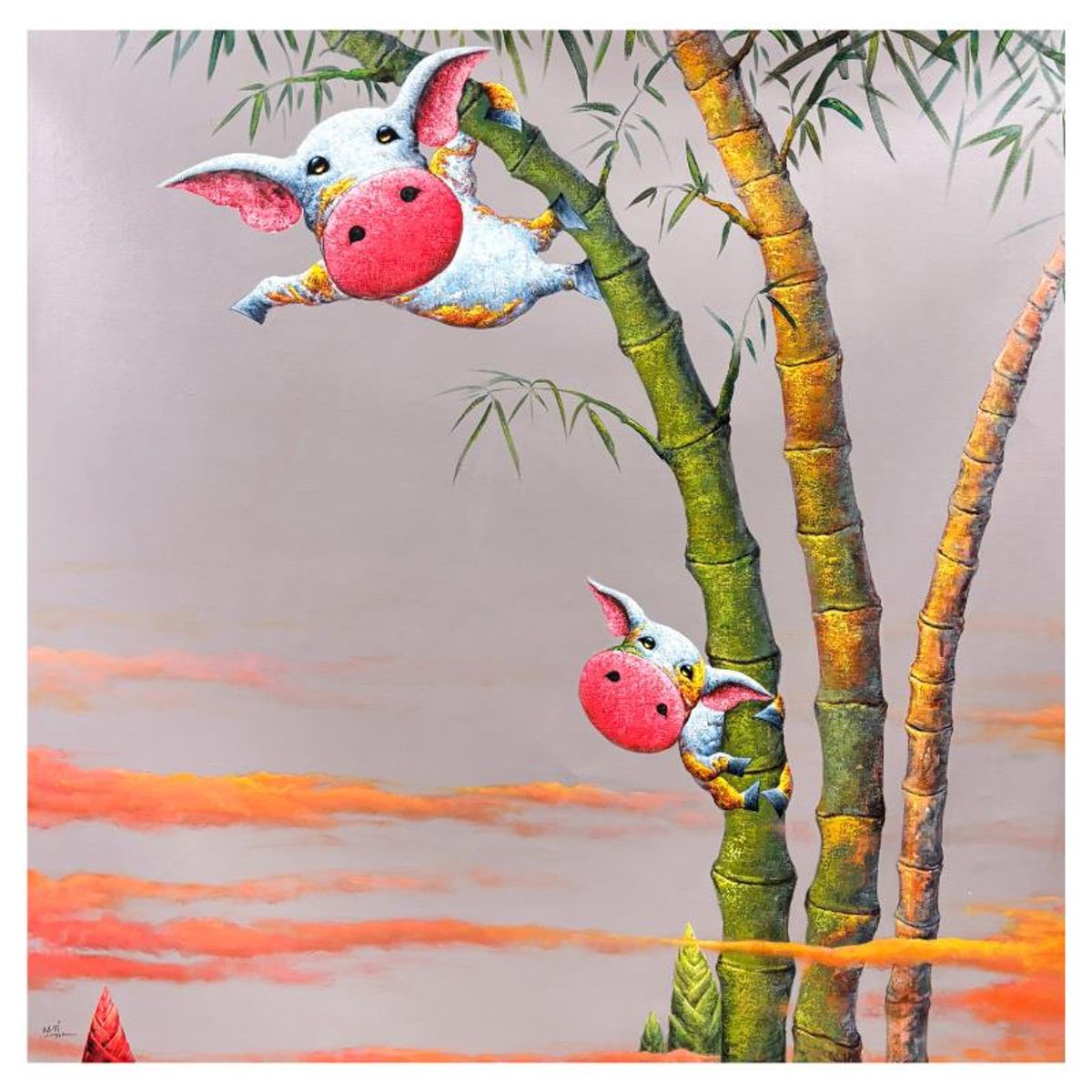 Wang, "Tropical Swing" Original Mixed Media Painting on Canvas, Hand Signed with Letter of Authenticity.
