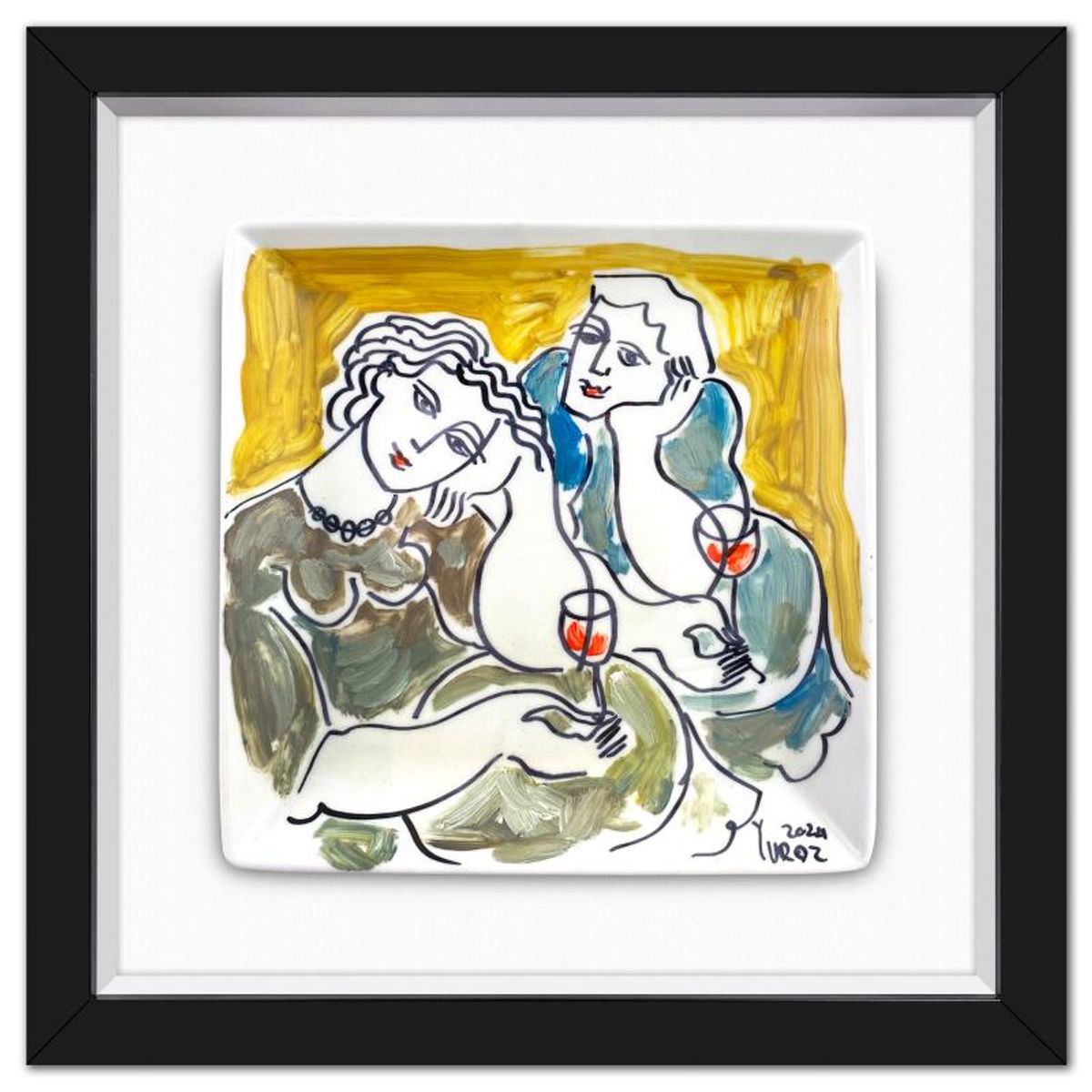 Yuroz, Framed Hand Painted Ceramic Plate, Hand Signed with Letter of Authenticity.