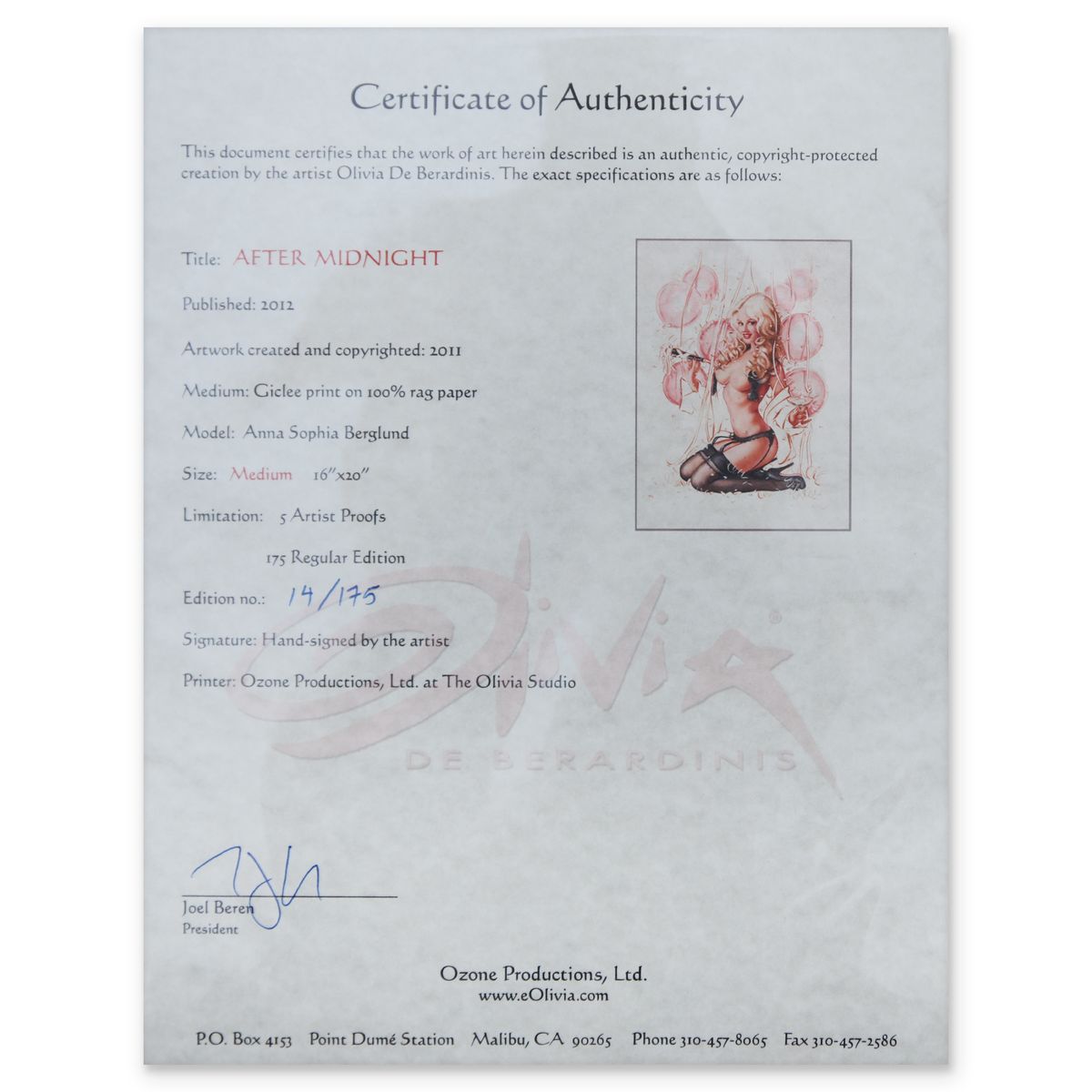 Olivia De Berardinis- Giclee print on 100% rag paper "After Midnight"