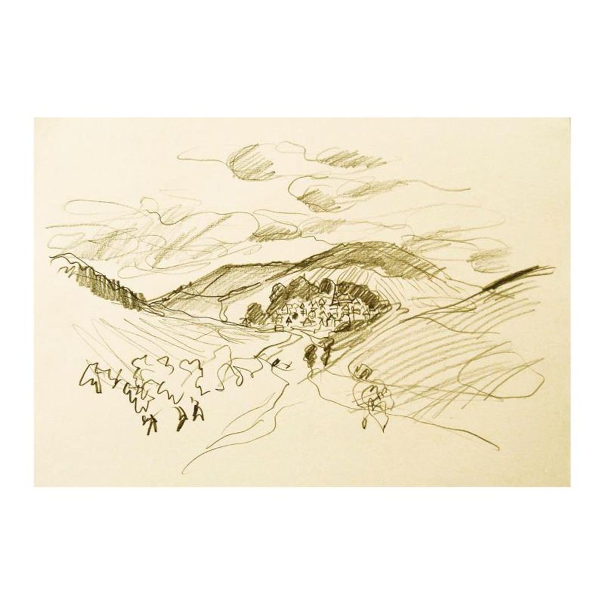 Wayne Ensrud, "View of Nuits St Georges, Burgundy" Pencil Original Artwork; Hand Signed; COA