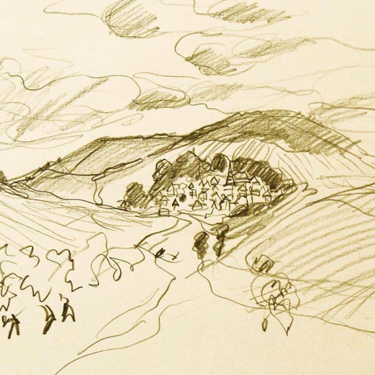 Wayne Ensrud, "View of Nuits St Georges, Burgundy" Pencil Original Artwork; Hand Signed; COA