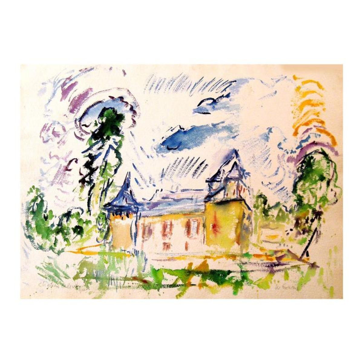 Wayne Ensrud, "Chateau Olivier, Bordeaux, France" Watercolor Original Artwork; Hand Signed; COA